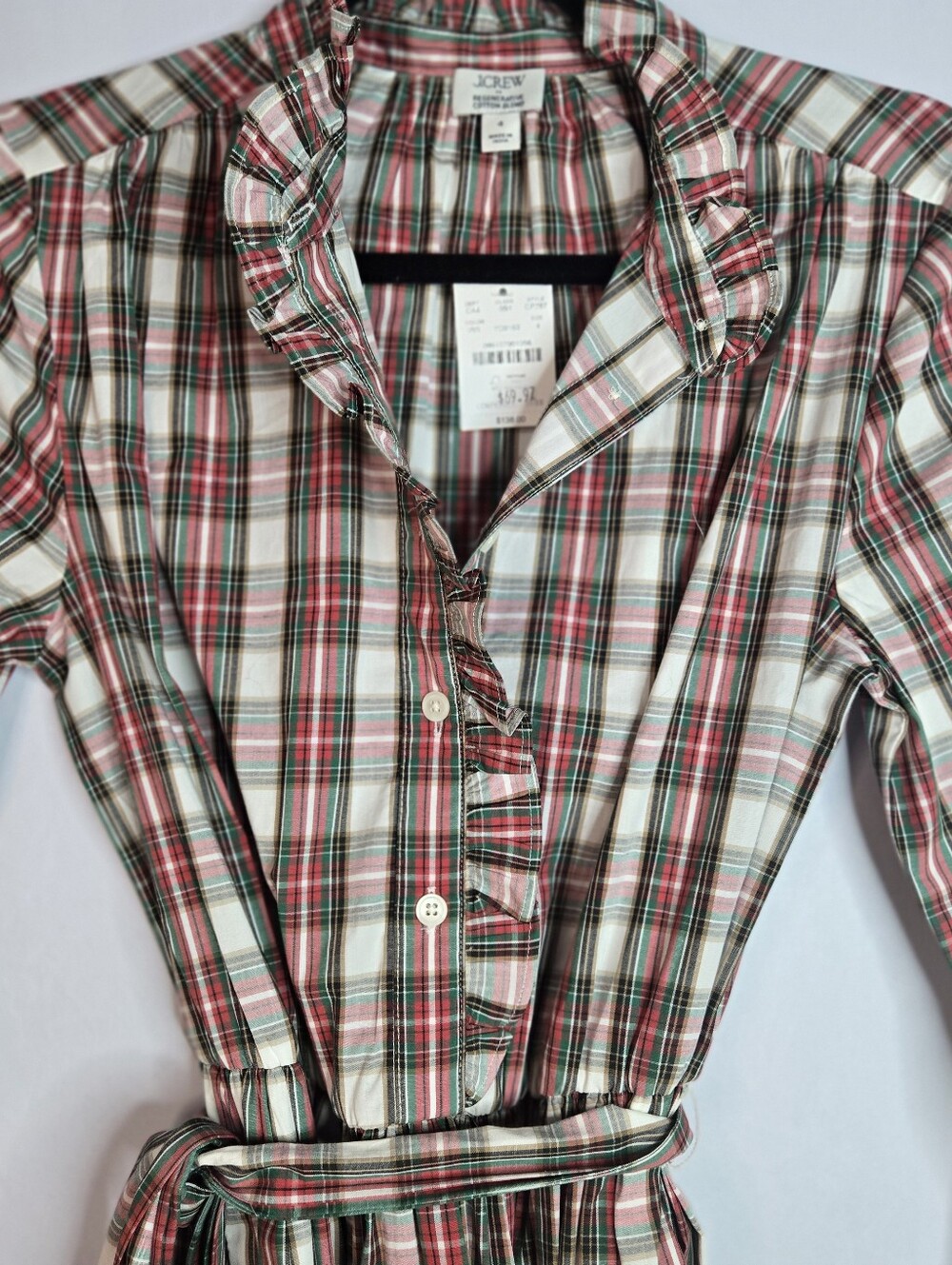 J. CREW Women Size 4 Plaid Cotton L/Sl Dress, Ruffle Neckline & Tie Belt NWT - Picture 5 of 12